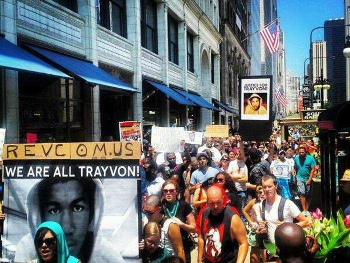 About 150 people marched through downtown Chicago, passing city landmarks like Millenium Park and eventually gathering in Daley Plaza.