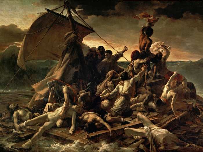 Raft of the Medusa" by Théodore Géricault (1818-1819). "Based on a true tabloid-like tragedy of shipwreck and cannibalism, Théodore Géricault painted this icon of French Romanticism at the age of 27. The blood and gore depicted here was based on Géricault’s tireless study in morgues. Of course, everyone then (and now) had to see the painting in the flesh.