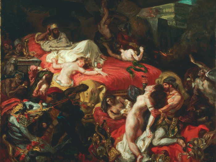 Death of Sardanapalus" by Eugène Delacroix (1827). "Inspired by the tale of Sardanapulus, an Assyrian King who ordered all his possessions destroyed as he learned of his military defeat, Delacroix chose the best part of the story to paint—when all the concubines were to be killed. Violent, opulent and sensual, it plays on all the Western fascinations with the Orient under the guise of 