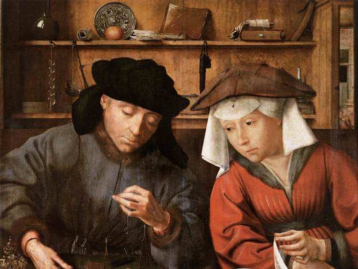 The Moneylender and His Wife" by Quentin Metsys (1514). "Flemish artist Quentin Metsys paints with exacting detail all the accoutrements of a greedy husband and wife team of money lenders. You can feel their beady eyes counting the coins and carefully noting the weight of the gold. Don’t borrow from them!