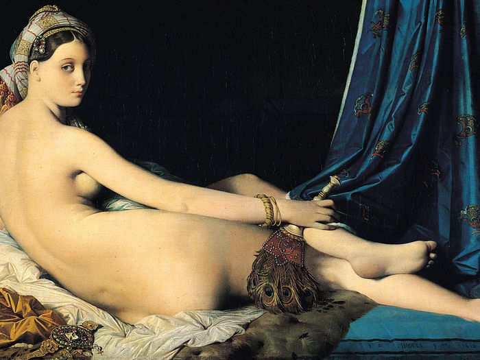 La Grande Odalisque" by Jean Auguste Dominique Ingres (1814). "Famous for the porcelain, icy look of his paintings, Ingres is a superb French Neoclassical artist who saw himself as a preserver of Academic tradition rather than an innovator. Here, he exaggerates the woman’s body to be five vertebrae too long with an impossible pose. Seductive and strange, is her glance saying come-hither or get lost?