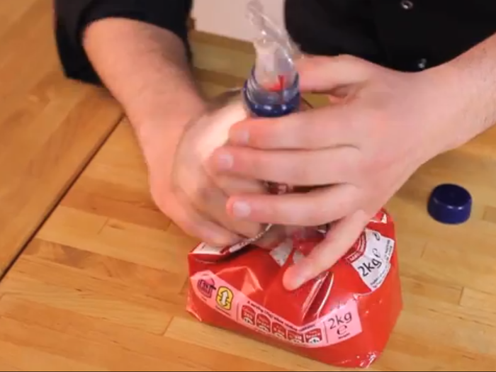 Rice can be difficult to pour without spilling. To prevent this problem, cut the top off a two-liter bottle and form a funnel around the bag. You can even screw the cap on to keep the rice contained in storage.