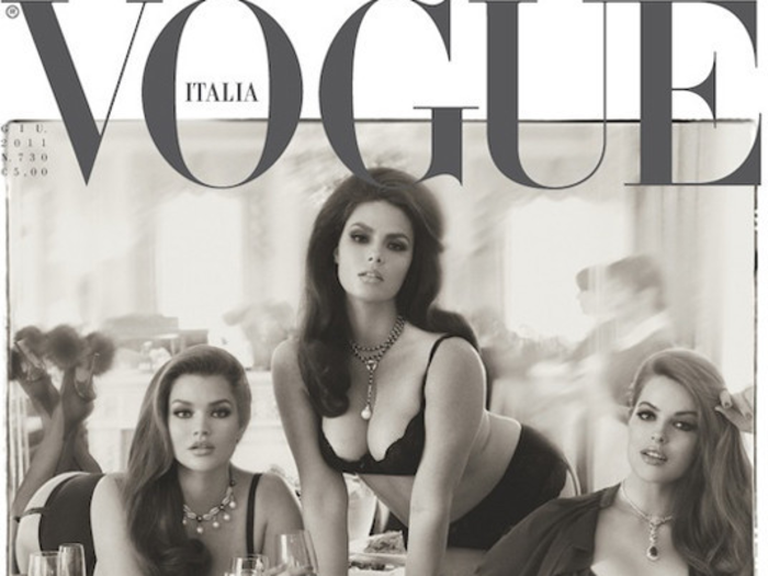 In June 2011, history was made. Three plus-size models were placed on the cover of Vogue Italia. However, they were featured seductively crawling over giant bowls of pasta, as if to call out, "these models eat."