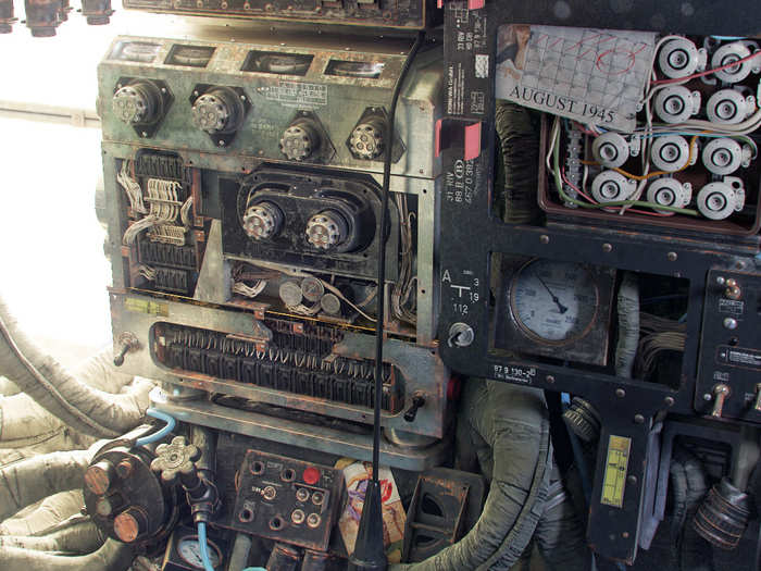 Inside the cockpit of a vintage plane.