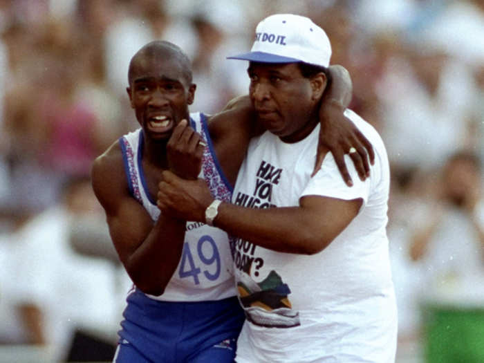 With the help of his dad, Derek Redmond finished the 400-meters at the 1992 Olympics after tearing his hamstring