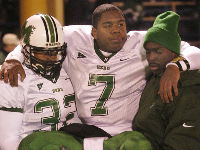 Byron Leftwich had his teammates carry him down the field after he broke his leg against Akron in 2002. His team came back from 17-points down to win