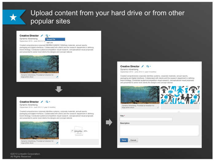 If your content is hosted on a site like YouTube, you can still easily add it your profile.