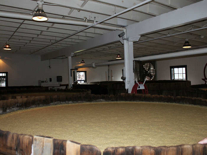 The mash is then sent to ferment in one of eight gigantic cypress fermenters. After around 12 hours, the solids rise and the mash starts to bubble as carbon dioxide is released.