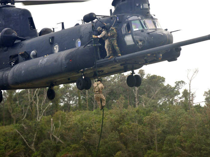 And the MH-47 Chinook, a larger bird that can bring in troops and cargo — typical for insertions at a distance from the target.