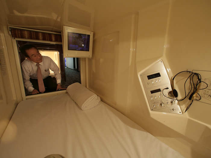 This capsule hotel and sauna in Tokyo has a control panel built in for the room.