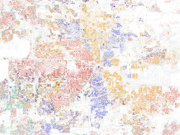 HOUSTON, Texas — Blacks, Hispanics (orange dots), and whites (red dots) fan out in separate communities.