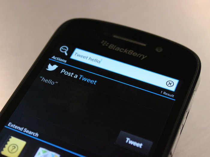 The keyboard allows for some extra goodies in the BlackBerry 10 software. You can simply start typing from the home screen to search your device. You can also issue commands to tweet or post to Facebook. Here