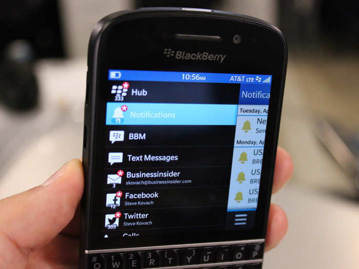 It also has a handy notifications center called BlackBerry Hub that stores incoming Facebook messages, tweets, calendar appointments, emails, etc.
