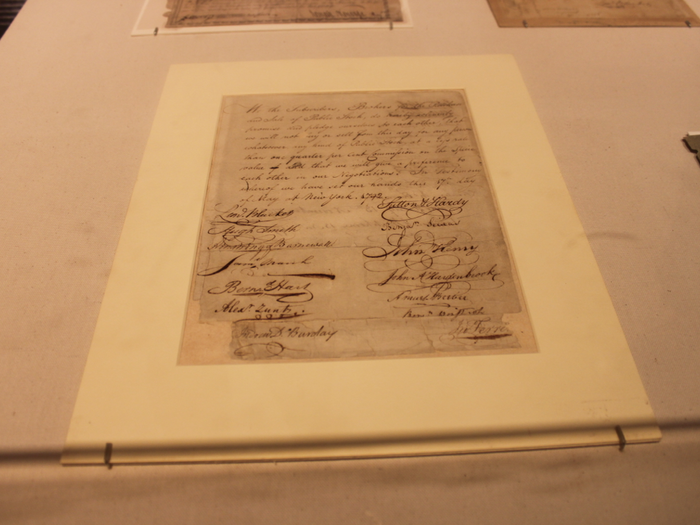 This is the Buttonwood Agreement from 1792. Twenty-four prominent brokers and merchants signed the document agreeing to buy and sell securities on a commission basis. The NYSE traces its origins to this document.