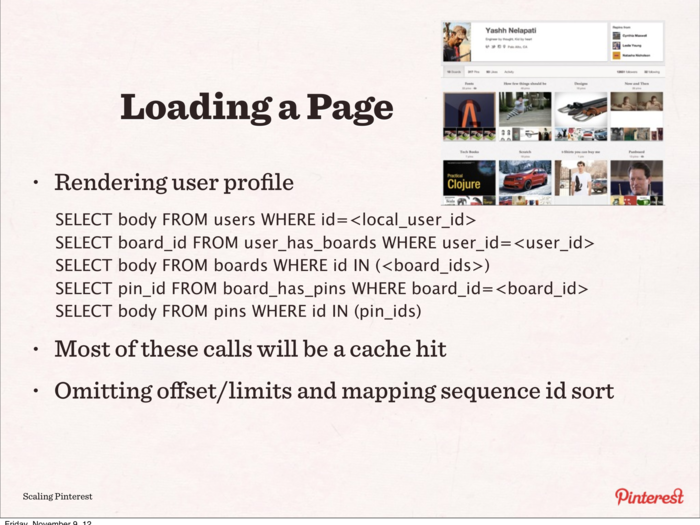 How Pinterest brings up a user profile. Most of the calls are served from the cache (Memcache or Redis)