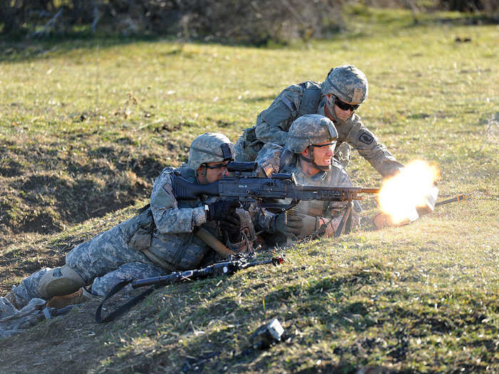 ... As well as machine guns, like the the M240 here, which fires 7.62 mm out to over 4000 yards.