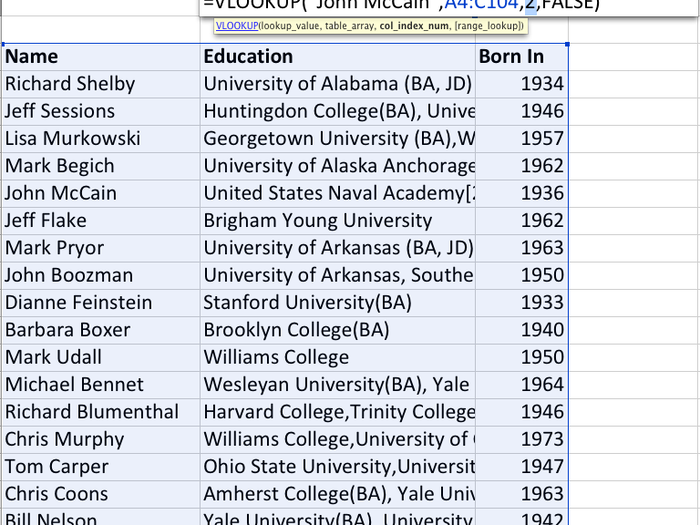 VLOOKUP searches for the first term in the first column of that array. The "2" in the third term says to return the answer in the second column of the selected array once VLOOKUP finds "John McCain" in the first.