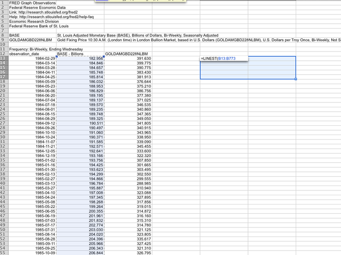 The output of this function is an array. So, select a two by five section. Type in =LINEST. First select your x-values.