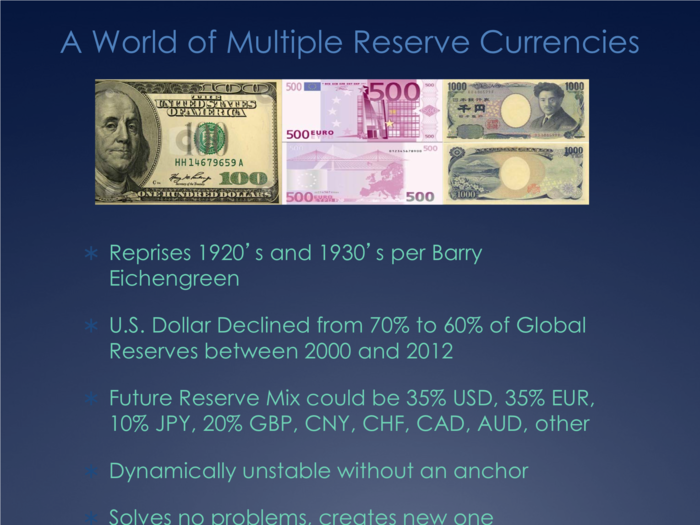 The first is a world of multiple reserve currencies, as opposed to just one (the U.S. dollar)