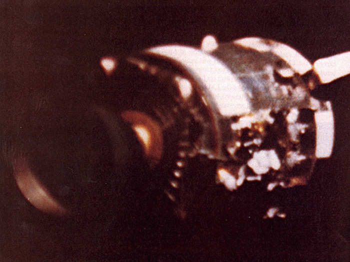 An entire panel of the service module had been blown away when the oxygen tank exploded, as seen in this close-up image.