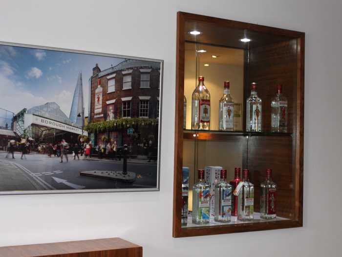 The lobby is full of awards and bottles from Beefeater