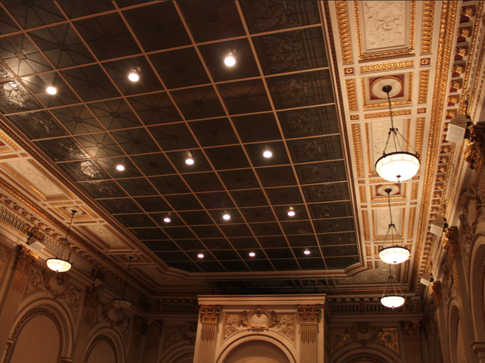 The stained glass skylight is beautiful. It used to be open to the sky until the 1920 Wall Street bombing outside JPMorgan, which shattered nearby windows.