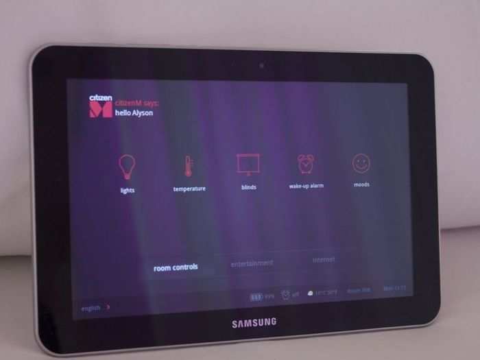 You can control everything in the room, from the temperature to the TV to the lights, on the tablet. You can also set the alarm and have the room wake you up "gently" (with a count down clock and lights gradually turning on), "gradually" (with a ping-pong ball noise and lights that gradually turn on), "wildly