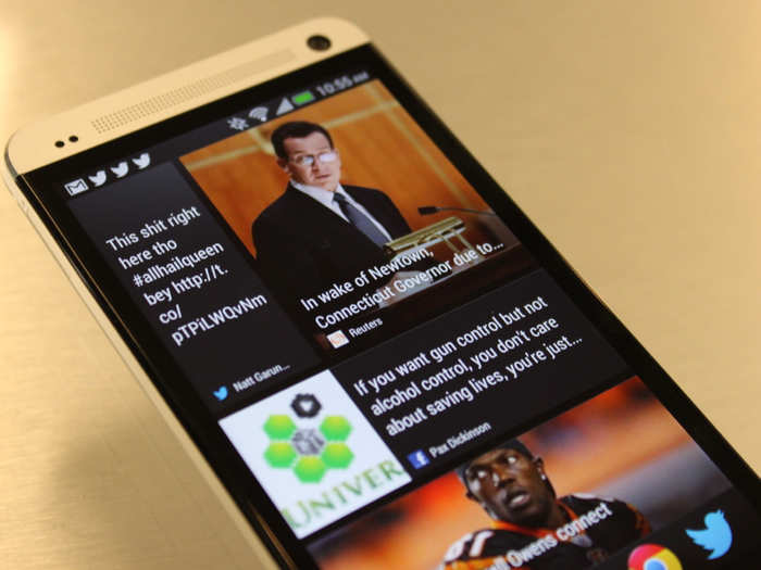 Blinkfeed is the new default home screen for the HTC One. It pulls in stories shared on Facebook, Twitter, and a variety of news sources like ESPN, AP, Reuters, and Business Insider.