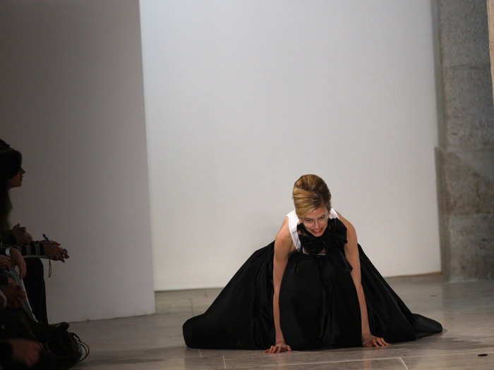 The long dress by designer Miguel Vieira could have tripped this model up in Lisbon.