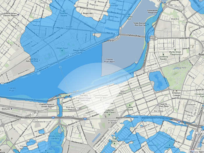 A map of Back Bay in 100 years if sea level rises 5 feet.