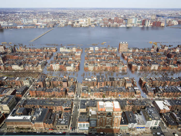 A real-life scene of Back Bay in 2300 if sea level rises 12 Feet.