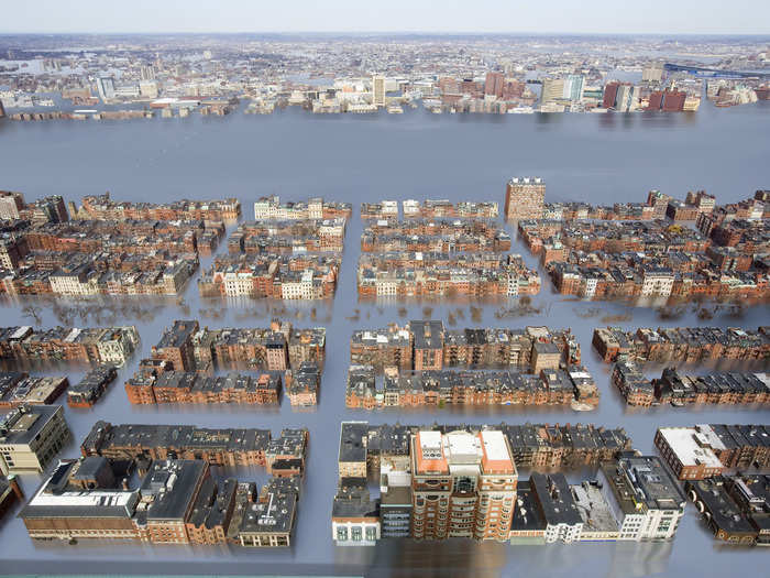 A real-life scene of Back Bay if sea level rises 25 feet.