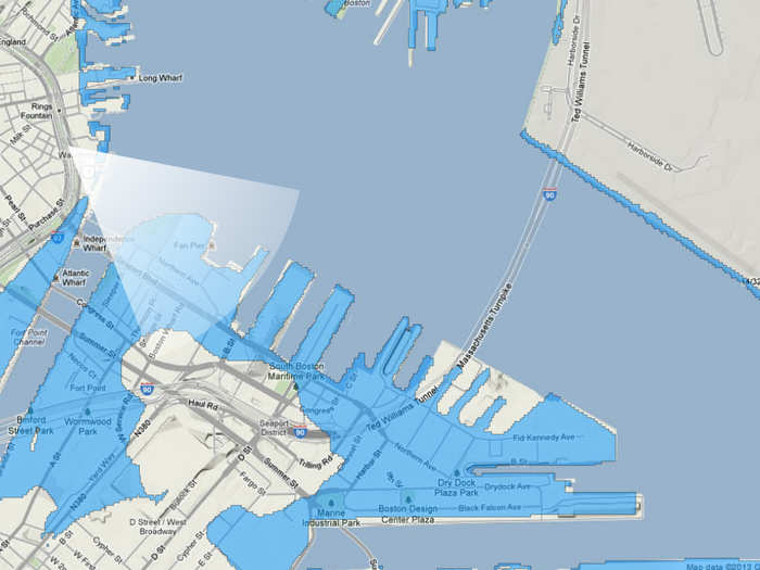 A map of Boston Harbor in 100 years if sea level rises 5 feet.