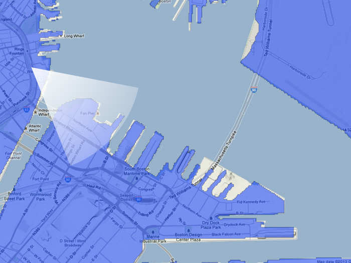 A map of Boston Harbor in 2300 if sea level rises 25 feet.