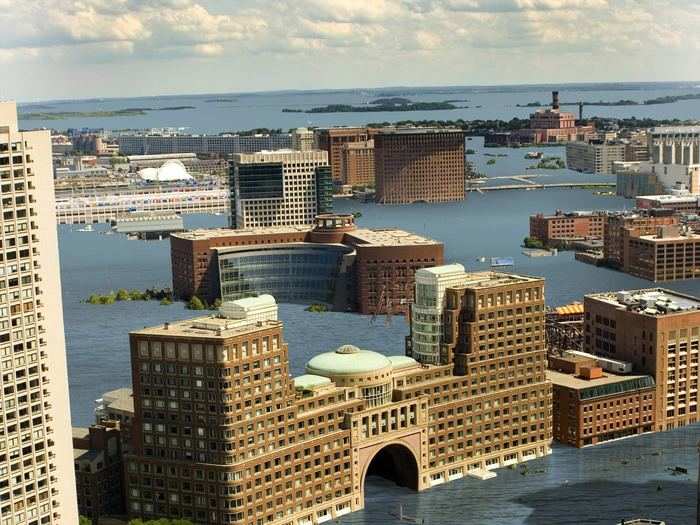 A real-ife scene of Boston Harbor in the next few centuries if sea level rises 25 feet.