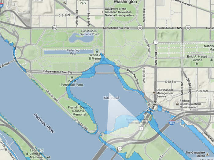 A map of Jefferson Memorial in 100 years if sea level rises 5 feet.