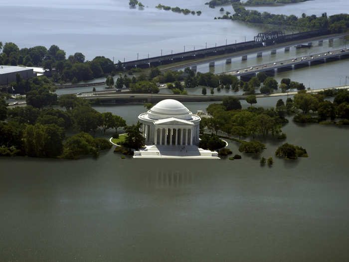 A real-life scene of Jefferson Memorial in 2300 years if sea level rises 12 feet.