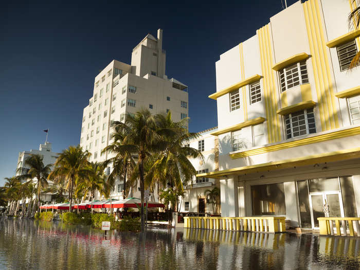 A real-life scene of Ocean Drive in 2300 if sea level rises 12 feet.