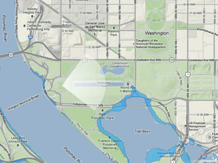 A map of the Washington Monument in 100 years if sea level rises 5 feet.