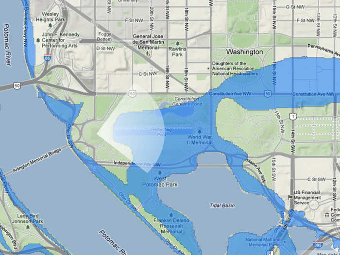 A map of the Washington Monument in 2300 if sea level rises 12 feet.