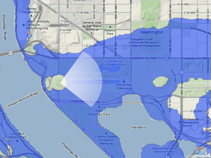 A map of the Washington Monument in the next few centuries if sea level rises 25 feet.