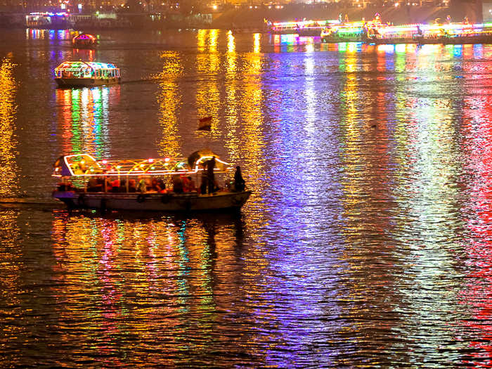 The lights of the boats reflected off the Nile after the sun goes down