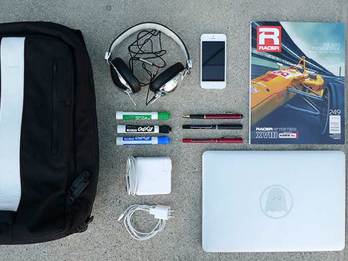 Diego Rodriguez, partner at IDEO, carries everything to create a mobile workspace.