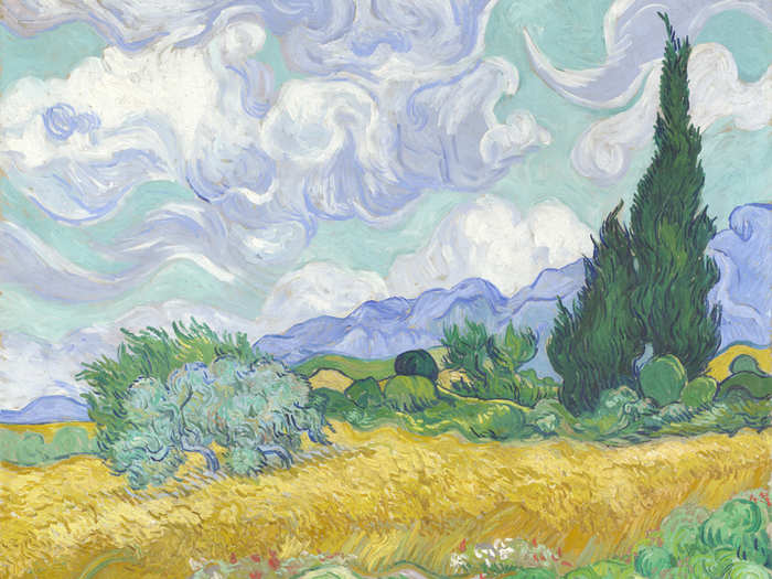 Wheat Field with Cypresses" by Vincent van Gogh (1889). "Only Vincent van Gogh can turn a landscape into an emotional ride. With every brushstroke, the energy of the wheat field, cypresses, and even the sky comes alive. During his life he was deemed to be of “secondary importance” but it soon became clear that he was a genius ahead of his time. Would you have collected a van Gogh when he was an unknown?