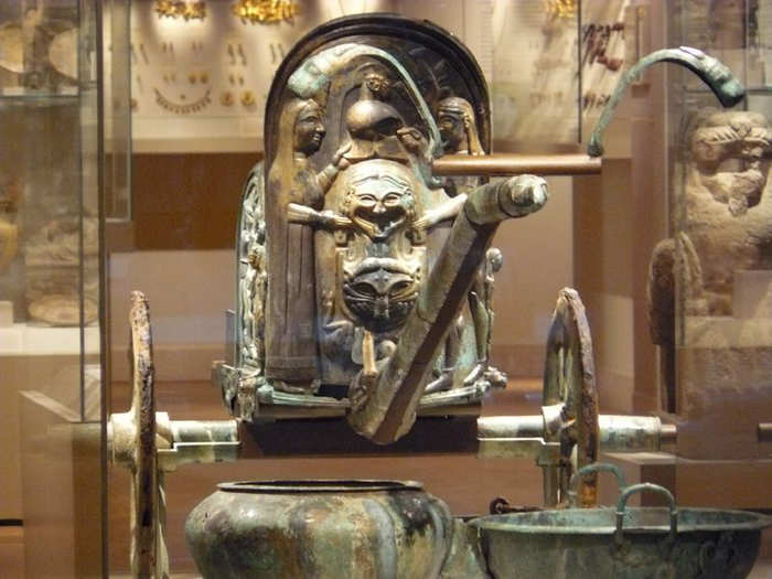 Bronze chariot inlaid with ivory from the Etruscan period. "This incredible chariot immediately transports you back in time to the beginnings of Western civilization—remember the vicious chariot race scene in Ben-Hur?"