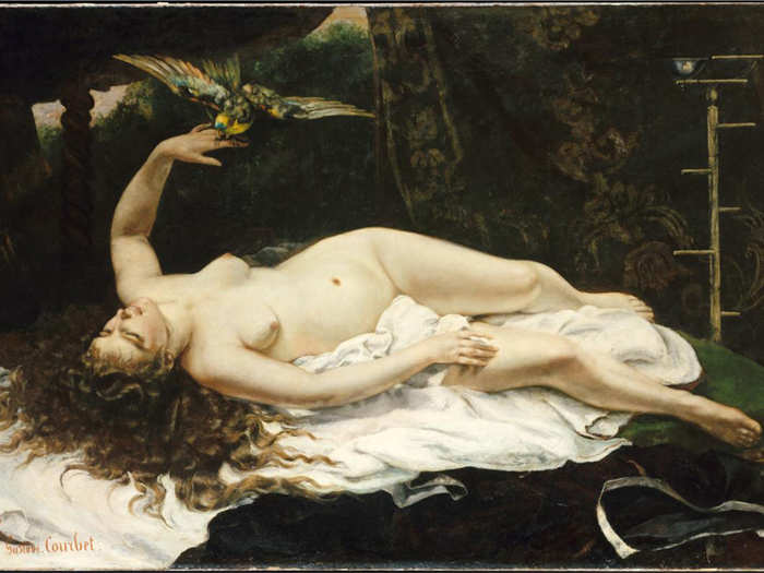 Woman with a Parrot" by Gustave Courbet (1866). "Nineteenth-century bad boy Gustave Courbet made waves in the French Academy with his paintings of stonebreakers, a funeral, and disheveled nudes. Bed hair, discarded clothing, and an overeager parrot—scandale! A masterwork of wild abandon.