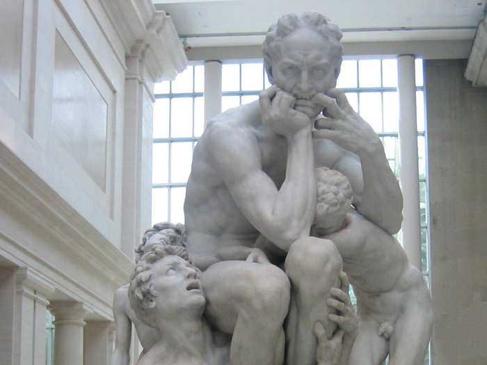 Ugolino and His Sons" by Jean-Baptiste Carpeaux (1865–67). "This sculpture depicts the gory tale of Ugolino and his sons starving to death and his sons begging their dad to eat them! See Dante’s Inferno Canto 33. The gnawing hunger and hellish dilemma are powerfully conveyed in this Carpeaux masterpiece.