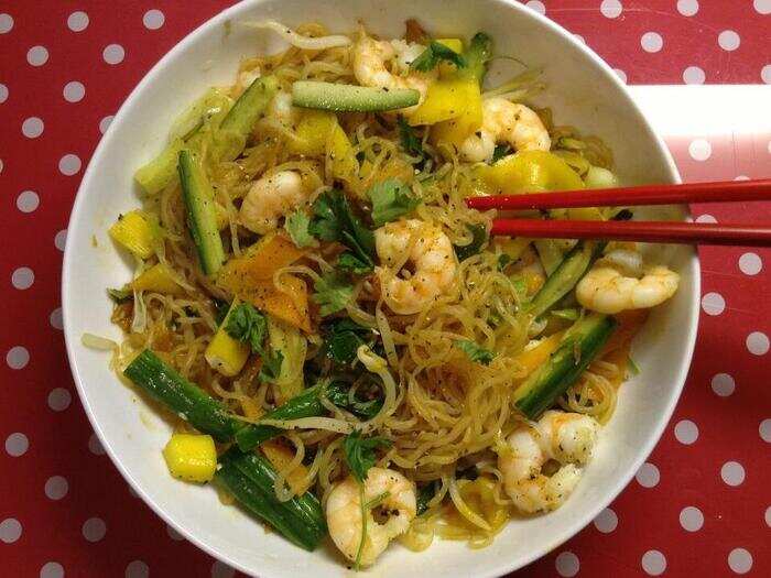 220 calories: On another fast day, Wilkins eats a meal of prawn, mango, and Zero Noodles tossed with soy ginger dressing.