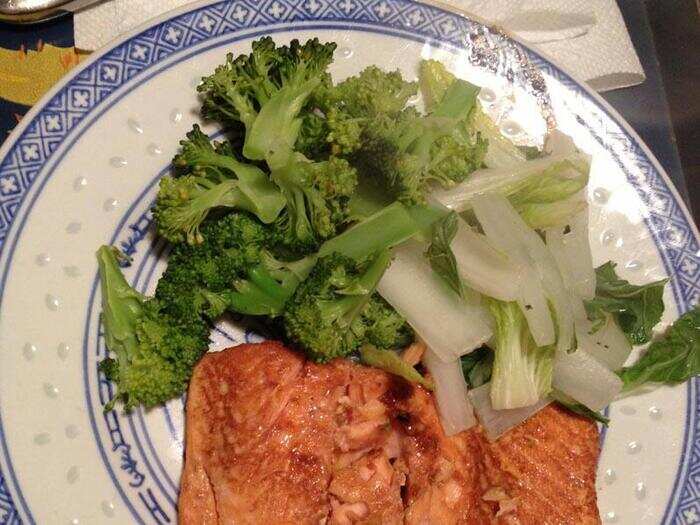 Fast dinner of baked fresh salmon, broccoli, and bok choy.