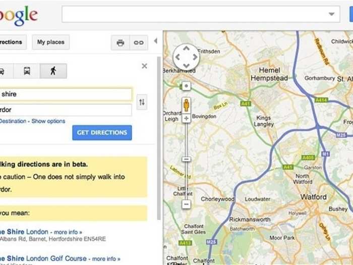 Lord of the Rings nerds will appreciate this one. The Google Maps search result for walking directions from "the Shire" to "Mordor" offers a word of caution.